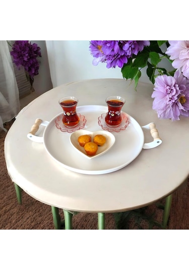 Tepsi Seti Ahşap Kulplu Metal Çay Tepsisi Kahve Tepsisi Sunum Kah