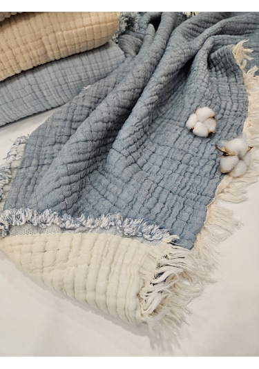 Gidia Denim Mavi 7 Katlı Çift Taraflı Dolgulu Müslin Bebek - Çocuk Battaniyesi Pamuk 110 x 110 CM Mavi