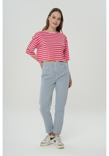 Ariana Gri-mavi Yüksek Bel Patı Fermuarlı Mom Jean Pantolon C 4525-139 Gri
