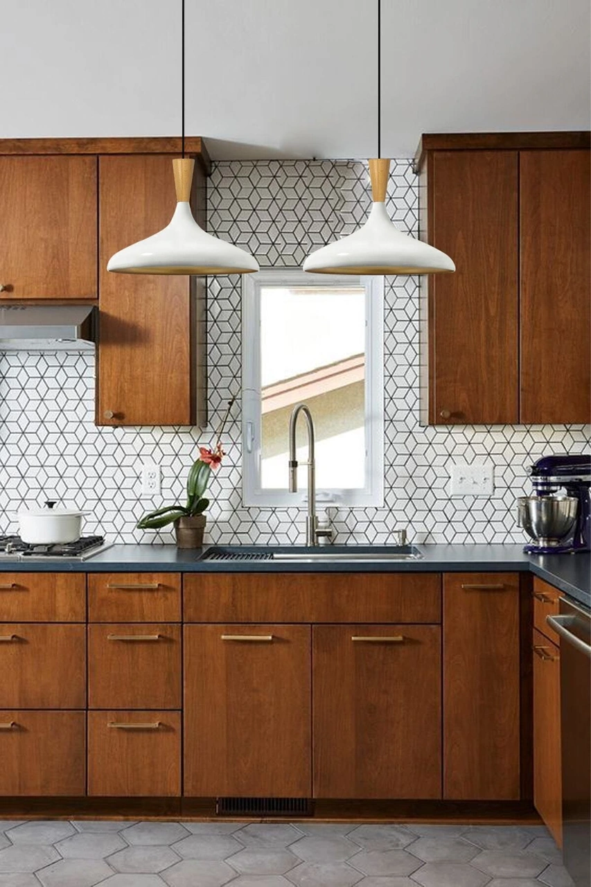 Champion Beyaz Ahşap Huni Tekli Avize Sarkıt Salon Mutfak Cafe Butik Lamba Aydınlatma Avizeler Beyaz