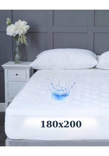 Çift Kişilik 180x200 Su Geçirmez Fitted Lastikli Yatak Koruyucu Alez Kapitone Silikon Elyaf Beyaz