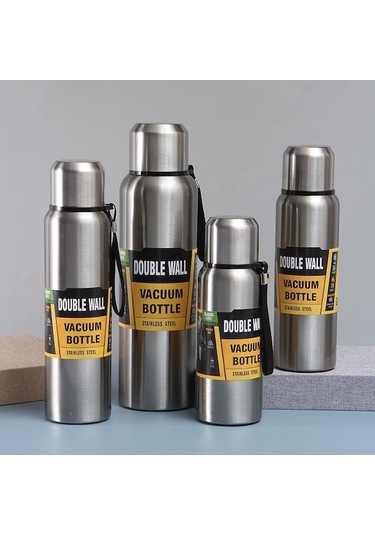 Novahub Gümüş Erkek Büyük Kapasiteli Termos Bardak Paslanmaz Çelik Vakum Çay Bardağı Kurşun Kafalı Ve Taşıma Halatlı 1 L Gümüş Gümüş