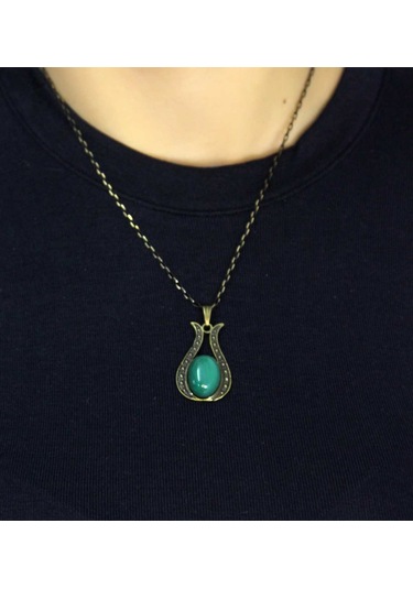 Doğal Taş Yeşil Akik Doğal Taşlı Lale Modelli Antik Kadın Kolye Euk44ya Yeşil