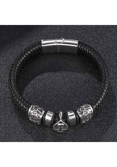 Punk Maça Kafatası Takı Erkek Bileklik Charm Paslanmaz Çelik Bilezikler Siyah Geniş Örgülü Erkek Deri Bileklikler Siyah