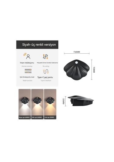 Aurora Manyetik Emme Kablosuz İçmekan Duvar Lambasıkapı Tabela Lambasısiyah Siyah