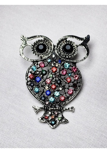 Renkli Taşlı Gümüş Baykuş Figürlü Broş Şık Kadın Aksesuarı Gold