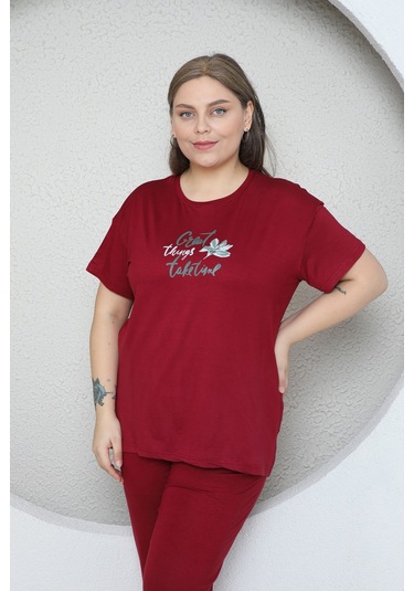 Fames Pijama Büyük Beden Likrali Ring Viskon Kisa Kol Yazlik Pijama Takim Bordo