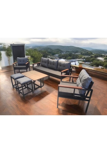 Pielize Bahçe Ve Balkon Mobilyası Antrasit Gri Puf 3+1+1 Sehpa, 2 Antrasit Gri