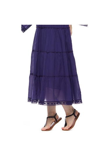 Uzun Kollu Mor Düğmeli Vual Yazlık Uzun Elbise