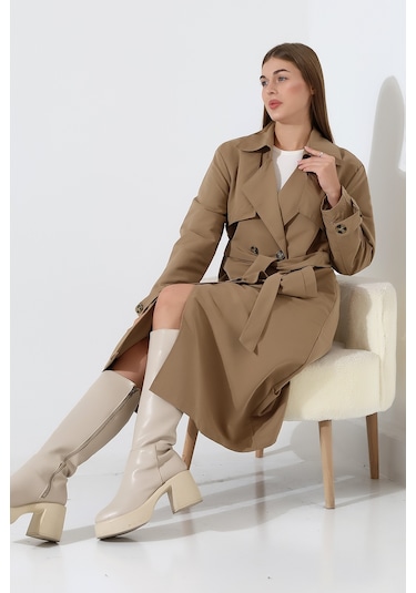 Amazon Keten Kumaş Uzun Boy Düğmeli Astarlı Yumuşak Dokulu Trenç Kot Vizon Vizon