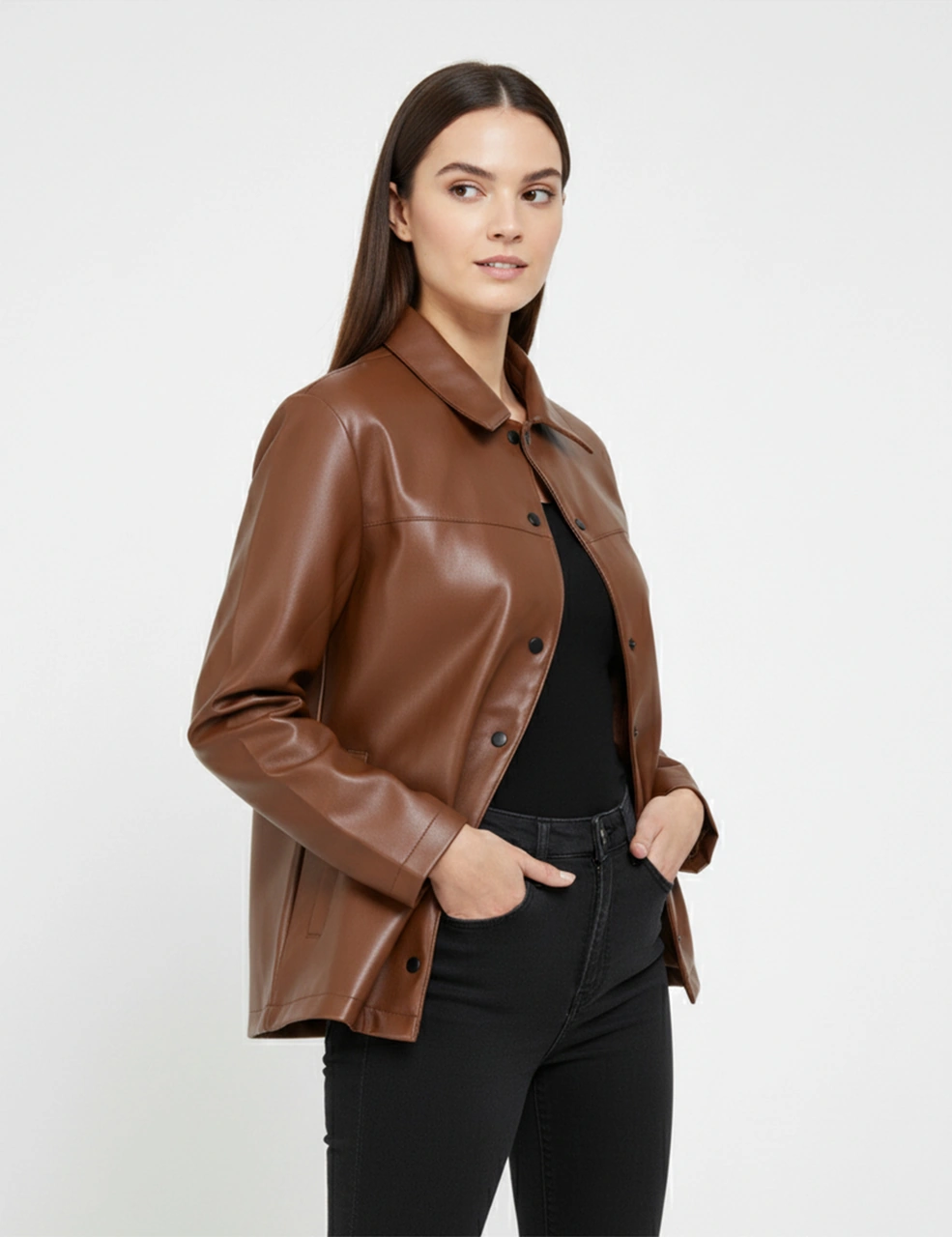 Kadın Çıtçıt Düğmeli - Suni Deri - Ceket -günlük Kullanım - Blazer Gömlek Yaka - Çift Cepli Kiremit