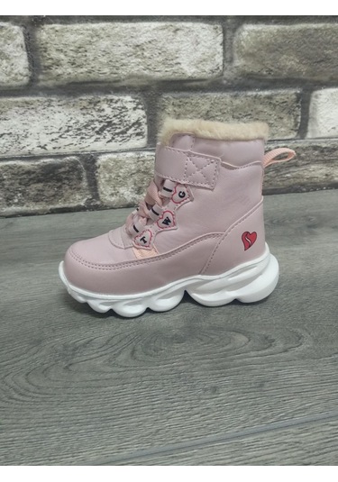 İçi Kürklü Kaydırmaz Kauçuk Taban Su Geçirmez Işıklı Çocuk Botu Pudra