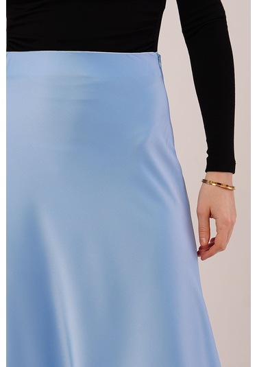 Çan Kesim Midi Mavi Saten Etek Mavi
