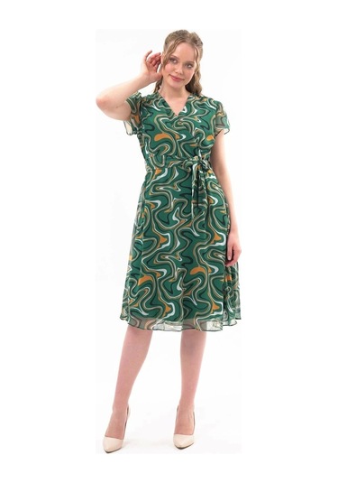 Kadın Desenli Kruvaze Yaka Midi Şifon Elbise 4445/110 Zümrüt Yeşili