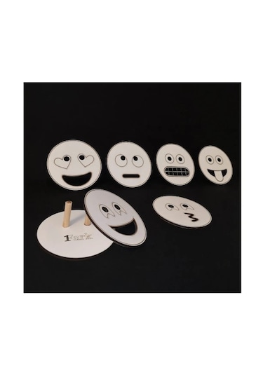 Ahşap Figürlü 6'lı Bardak Altlığı - Emojiler - Beyaz - Lazer Çizm Beyaz