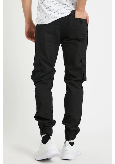 Erkek Kargo Jogger Pantolon Rahat Kesim Lastikli Paça Siyah