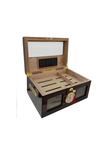 ispanyol Sediri Kahve 2 Katlı Camlı Özel Humidor Puro Kutusu rc48