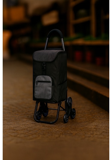 Sessiz 3 Tekerlekli Pazar Arabası Su Geçirmez, Fermuarlı Çantalı Siyah
