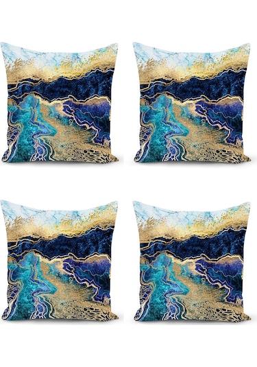 Mavi Doğa Desenli Dijital Baskı Lüks Dekoratif 4'lü Kırlent Kılıf