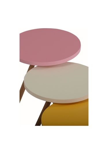 İntergo Renkli Üçlü Zigon Sehpa Ahşap Ayaklı Yuvarlak Pastel Tasarım Sarı-Krem-Pembe
