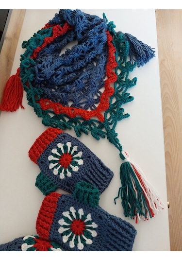 Ressam Bereli Fular Eldiven Takımı , El Yapımı Bere Şal Set Lacivert
