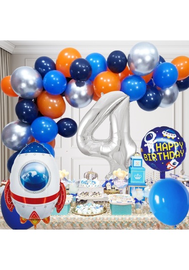 4 Yaş Uzay Temalı Doğum Günü Seti Uzay Mekiği Happy Birthday Yazı Renkli Balonlar Gümüş Folyo Rakam Çok Renkli