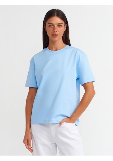 Dilvin 30312 %100 Pamuk Dekoratif Dikişli Bisiklet Yaka T-shirt-açık Mavi Açık Mavi