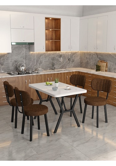 Azra 70x110cm Beyaz Mutfak Masası, Mutfak Masası Takımı, Yemek Masası, 4 Kahverengi Sandalye Kahverengi