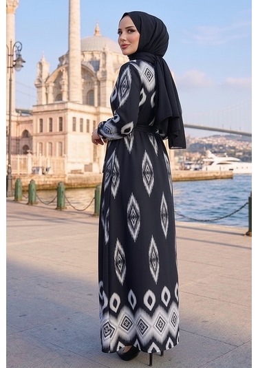 Bestenur Alera Desenli Viskon Elbise 1720 - Siyah