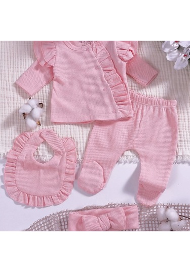 Omuzdan Fırfır Detaylı 5 Parça %100 Pamuk Kız Hastane Çıkışı Pembe