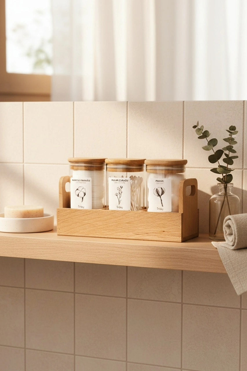 Tubbly - 3'lü Standlı Kare Ahşap Vakum Kapaklı Banyo Düzenleyici Plastik Banyo Seti Etiketli Ahşap