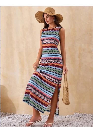 Kadın Bisiklet Yaka Cizgi Desen Süprem Elbise Haki