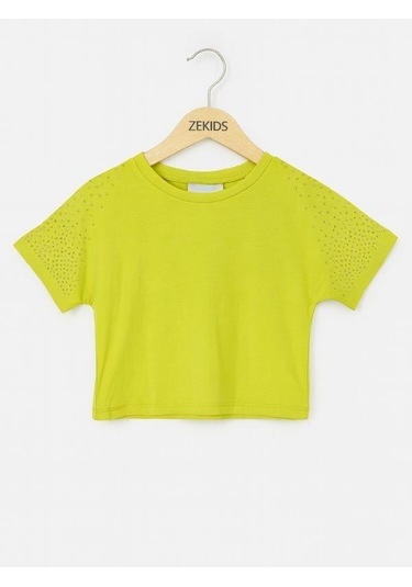 Kız Çocuk Taş İşlemeli Pamuklu T-shirt-15981 Sarı