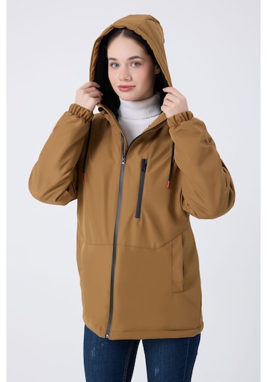 Kadın Taba İçi Kürklü Su Ve Rüzgar Geçirmez Kapüşonlu Kışlık Mont & Kaban & Parka Taba