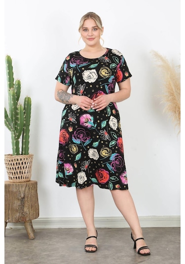 Kadın Siyah Çok Renkli Çiçek Desen Midi Elbise Siyah