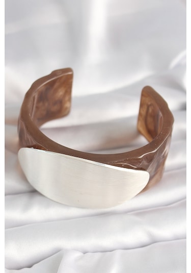 Kahverengi Mermer Desen Akrilik Plastik Gümüş Oval Plaka Model Vintage Kadın Bilezik Kahverengi