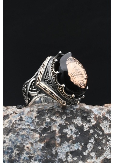 Hz. Ali Zülfikar Kılıcı Ve Hasbiyallah Yazılı Sıkma Kehribar Taşlı 925 Ayar Gümüş Yüzük 901997 Gümüş