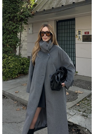 Gri Vittoria Düğmeli Yaka Kaban - 2511 Gri