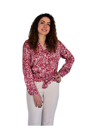 Kadın Saten Baskıkılı Desen Uzun Kol Gömlek Bgl-st04214 Kırmızı
