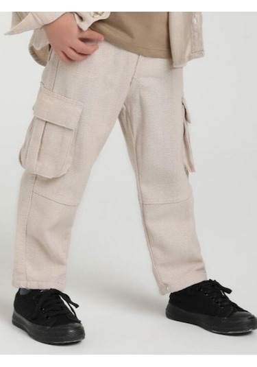 Erkek Çocuk Kargo Cepli Keten Pantolon-15656 Bej