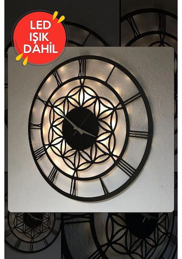 Led Işıklı Çiçek Duvar Saati Sessiz Dekoratif Modern Siyah Ahşap Siyah