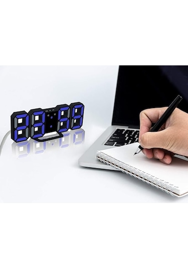 3d Led Dijital Alarm, Termometre Ve Takvim Özellikli Masa / Duvar Saati Mavi
