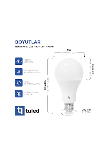 Redeem A80s E27 Led Ampul, Titreşimsiz, Göz Konforu, 1393 Lümen, Parlak Beyaz, 5700 Kelvin