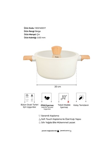 Danish Cook Beige İndüksiyon Tabanlı Derin Tencere 20 Cm Bej Bej