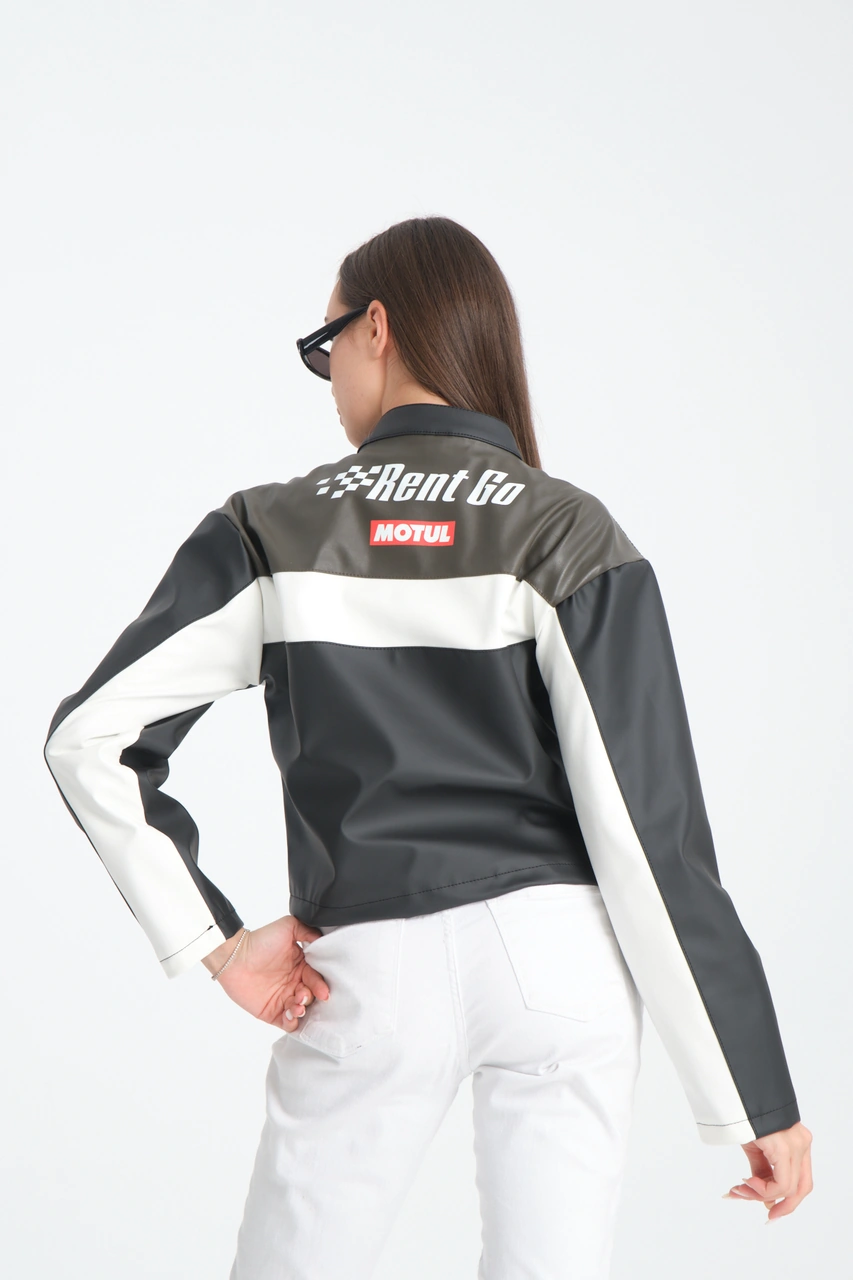 Kadın Oversize Baskılı Deri Şeritli Motorcu Montu Garnili Fermuarlı Yarışçı Ceketi Bomber Kolej Mont Koyu Kahve