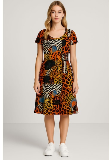 2 Adet Dökümlü Rahat Kalıp Günlük Penye Kumaş Elbise Ekru - Kahverengi