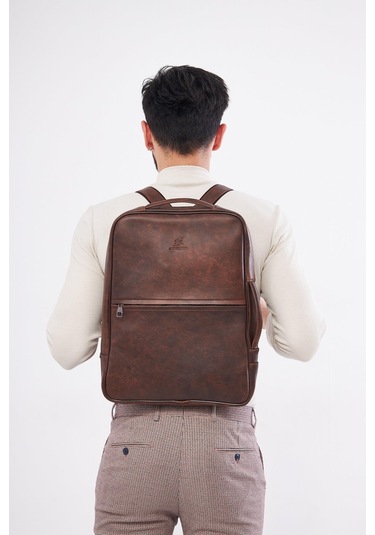 Derinss Dub3050 Hakiki Deri Kahverengi Organizerli Laptop Sırt Çantası 001