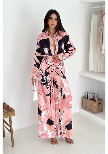 Modal Saten Kumaş Desenli Takım Pembe Pembe