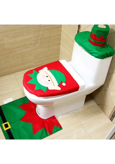 Folinda Elk Desenli Noel Banyo Dekorasyon Seti: Doku Battaniye + Tuvalet Kapağı Örtüsü + Tank Kapağı - Yumuşak, Kaymazsız, Yeniden Kullanılabilir Diğer