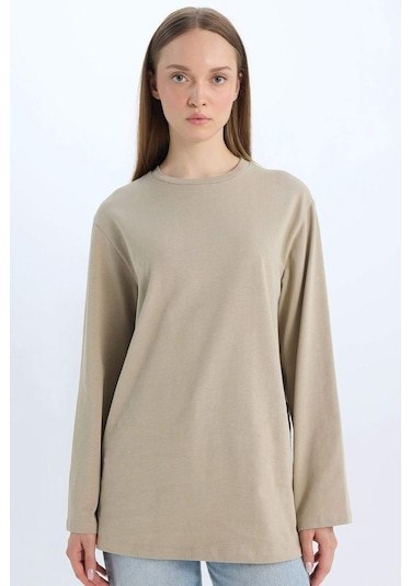 Defacto Regular Fit Bisiklet Yaka Basic Düz Uzun Kollu Tişört Tunik D4897AX24WNKH479 Haki